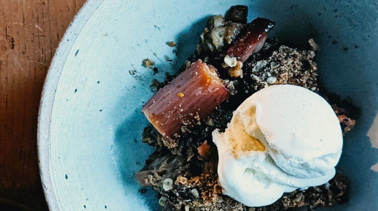 Rhubarb Lavender Red Chile Crisp with whipped cream