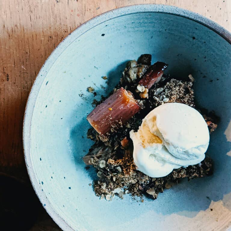 Rhubarb Lavender Red Chile Crisp with whipped cream