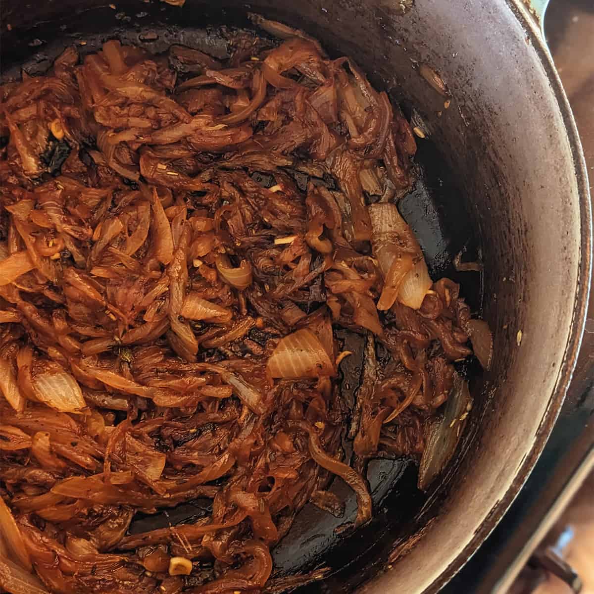 caramelizing the onions in a Le Creuset Dutch oven