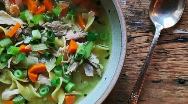 Turkey Noodle Soup - in a ceramic bowl with spoon