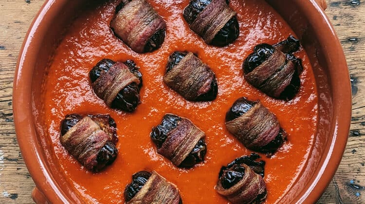 Chorizo Stuffed Bacon Wrapped Dates plated with sauce