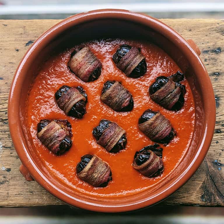 Chorizo Stuffed Bacon Wrapped Dates plated with sauce