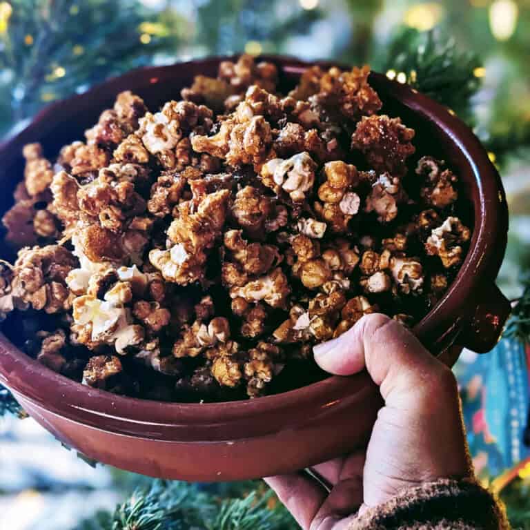 Red Chile Caramel Corn - with a Christmas tree